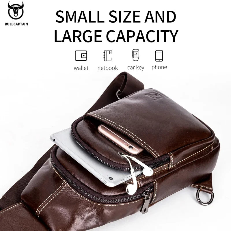 BULLCAPTAIN Men's Genuine Leather Chest Bag Multifunctional 8-inch Large Capacity Tablet Bag Retro Single Room Crossbody Bag