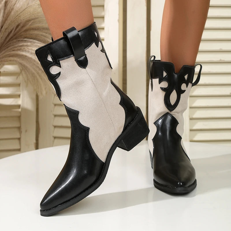 British Style Pointed Toe Ankle Boots Women 2025 Fashion Thick Heels Western Boots Woman Patchwork Slip On Cowboy Booties Mujer