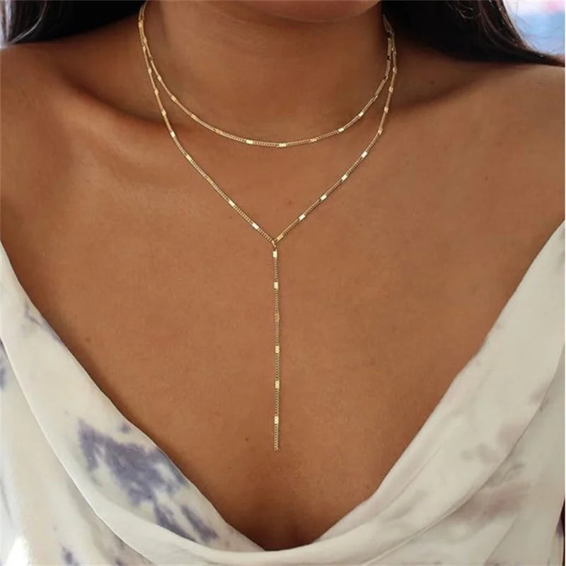 Bohemian Gold Color Metal Y-shaped Necklace for Women Double Laryered Long Chain Stacking Choker Necklace Fashion Jewelry Gift