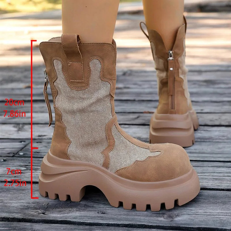 Retro Zipper Up Black Khaki Women's Boots Autumn Winter High Heel Platform Ankle Boots Woman Anti Slip Wedges Botas Mujer