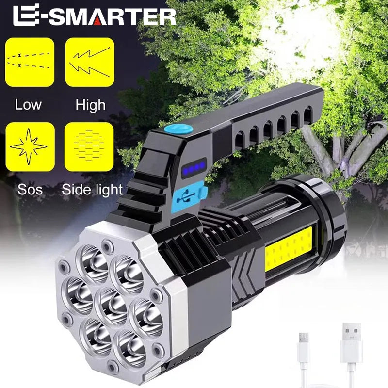 High Power Rechargeable LED Flashlight, 7-LED Camping Torch with COB Side Light
