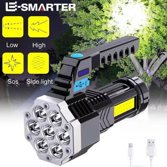 High Power Rechargeable LED Flashlight, 7-LED Camping Torch with COB Side Light