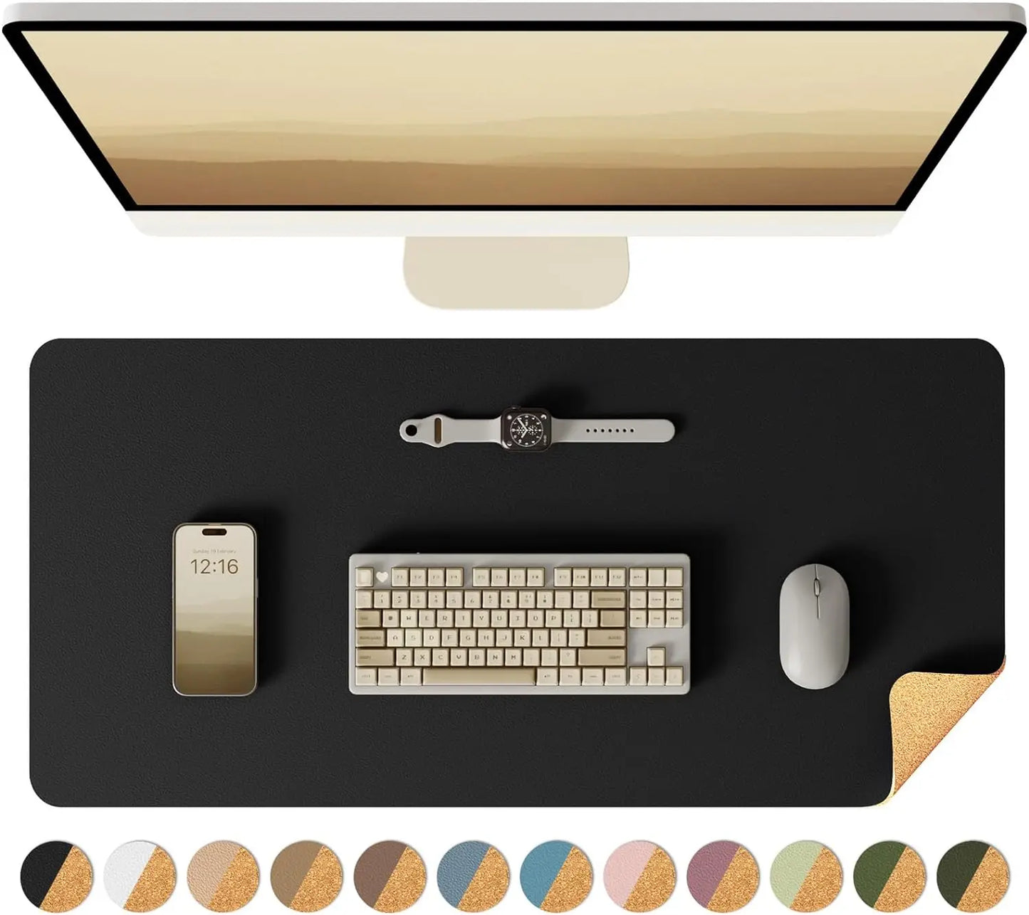 Eco Cork Desk Pad Protector,Leather Desk Mat,Double-Sided Desk Pad,Large Mouse Pad,Waterproof Desk Blotter for Office/Home