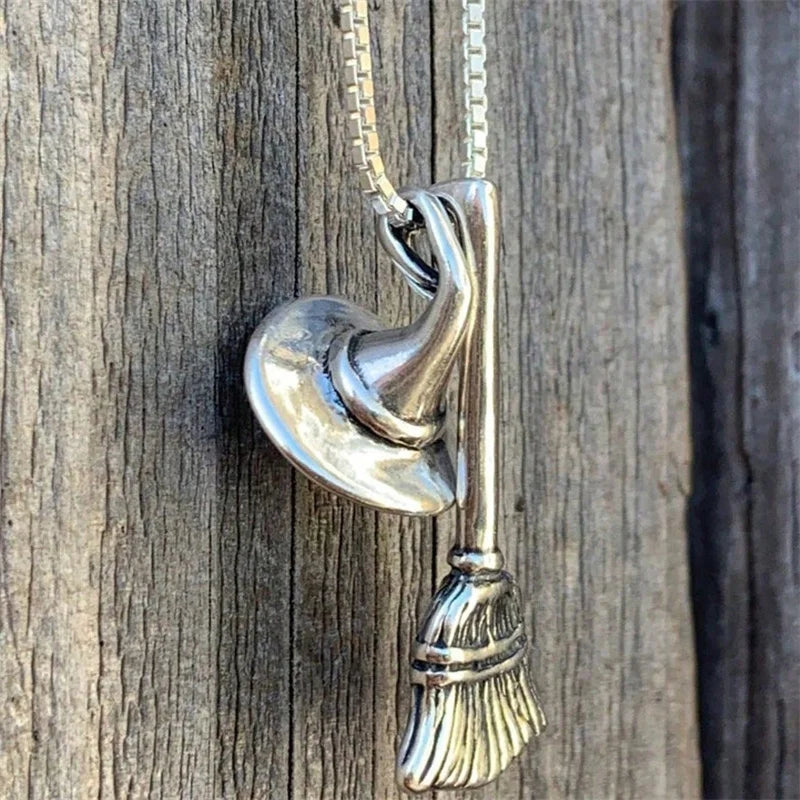 Gothic Halloween Witch Hat Broom Geometric Pendant Necklace Fashion Versatile Sweater Chain Women Accessory Party Jewelry Gift