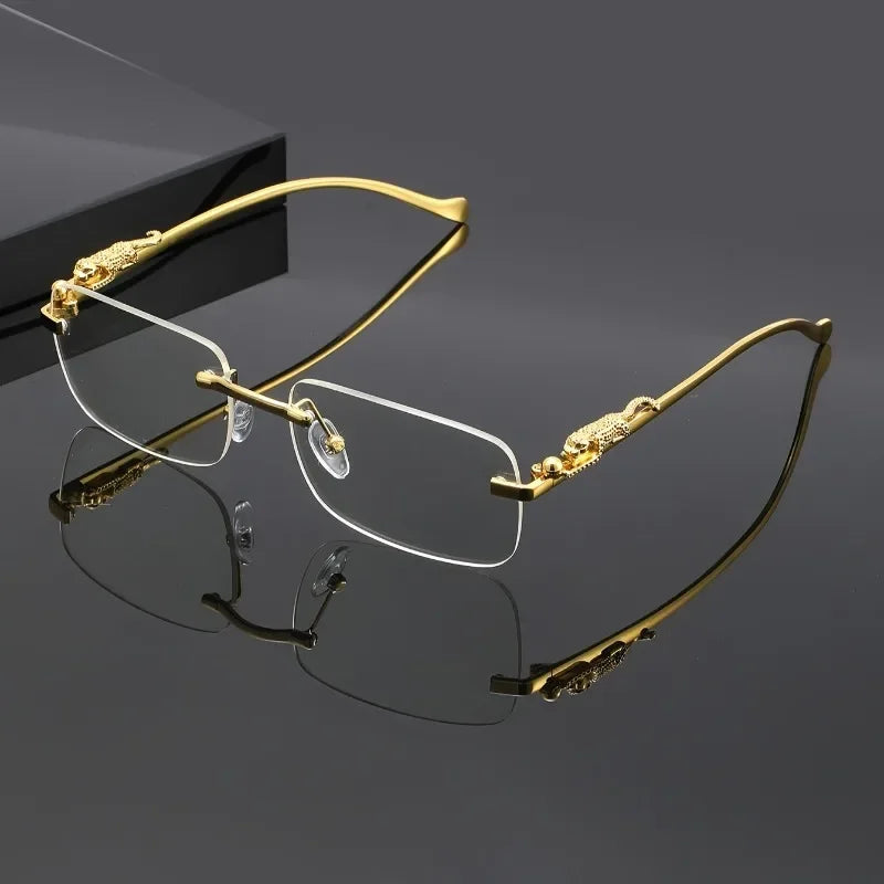 A Unique Pair of Glasses with Leopard Print Design and Frameless Square Lenses Suitable for Casual Gatherings