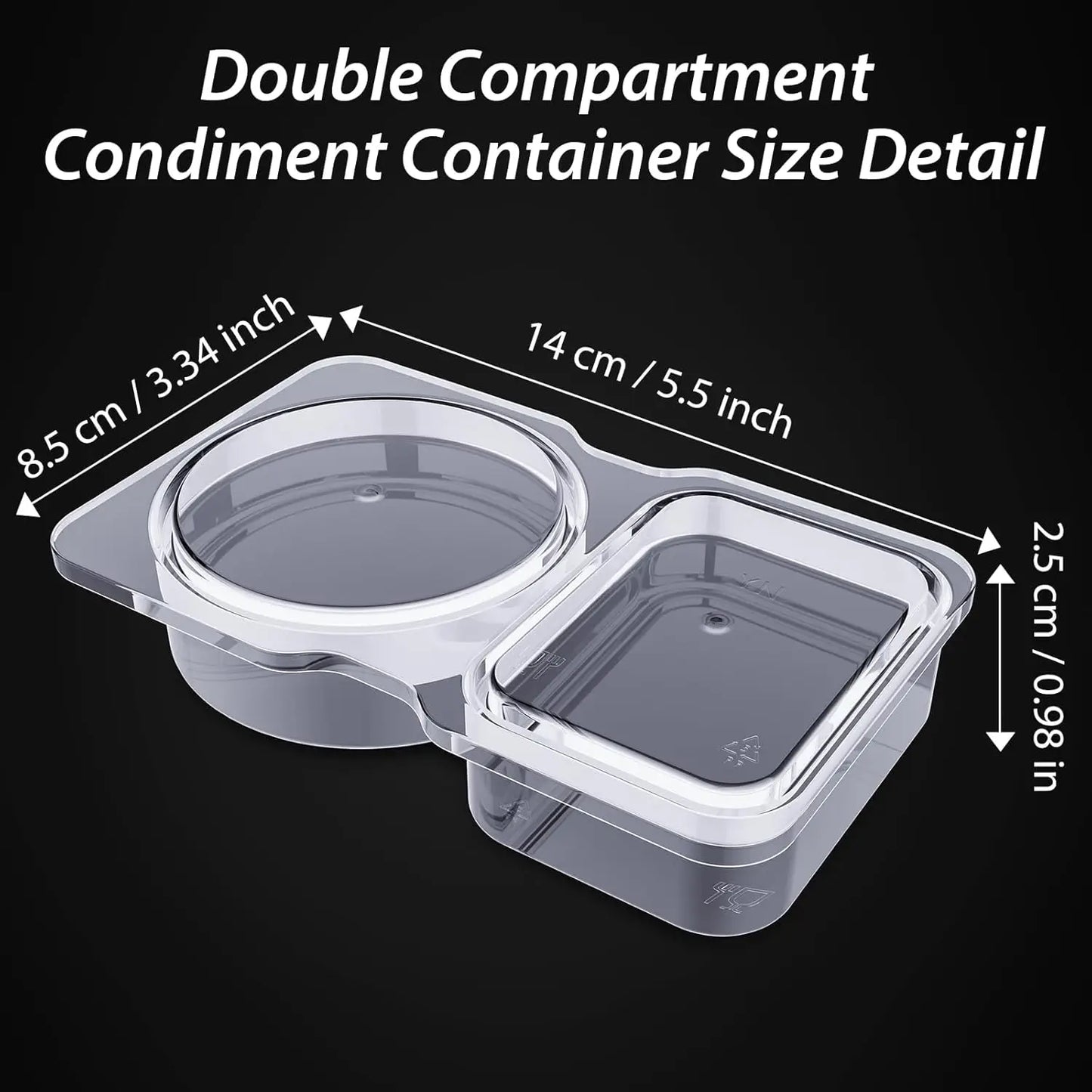 Double Compartment Condiment Containers with Lids, Disposable 2 Compartment Portion Cups Reusable Plastic Snack Container