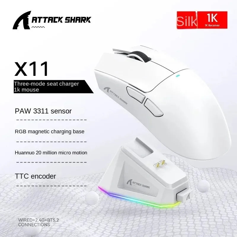 Attack Shark X11 Triple Mode, PAW3311 Bluetooth Mouse, Magnetic Charging Dock