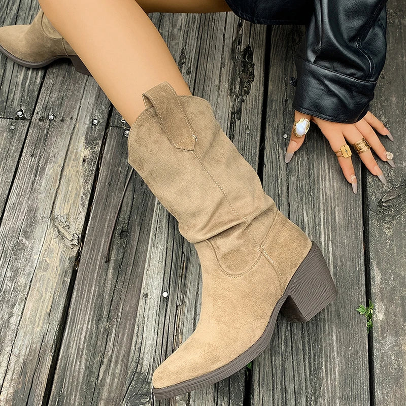Brown Pointed Toe Thick Heels Western Boots Women Plus Size 43 Slip On Mid Calf Boots Woman Wide Leg Pleated Flock Botas Mujer