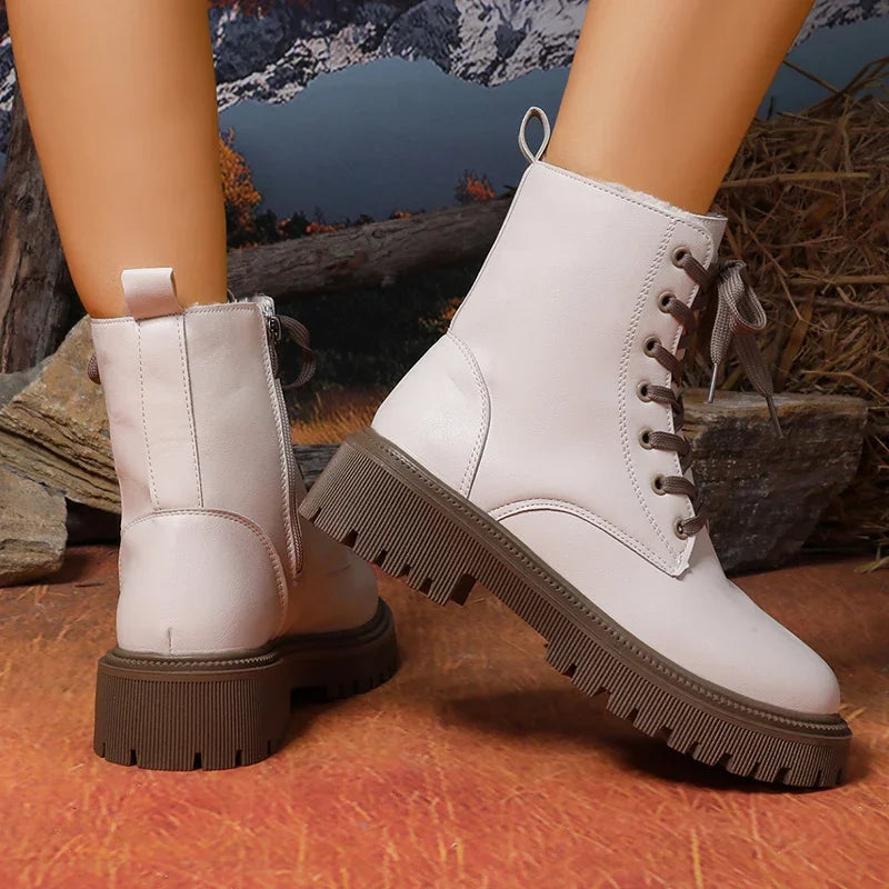 Autumn Winter Short Plush Ankle Boots Women Fashion Lace Up Pu Leather Platform Boots Woman Thick Sole Motorcycle Botas Mujer 42