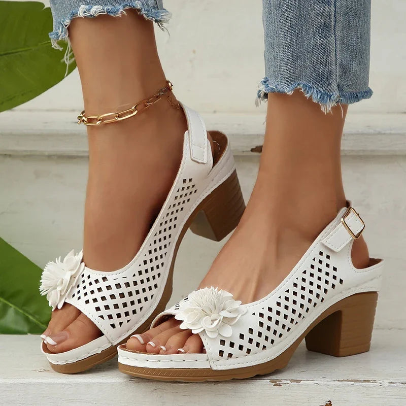 Fashion Flowers High Heels Sandals Women Back Strap Hollow Out Summer Sandles Woman 2025 Plus Size Thick Heeled Sandalias Mujer