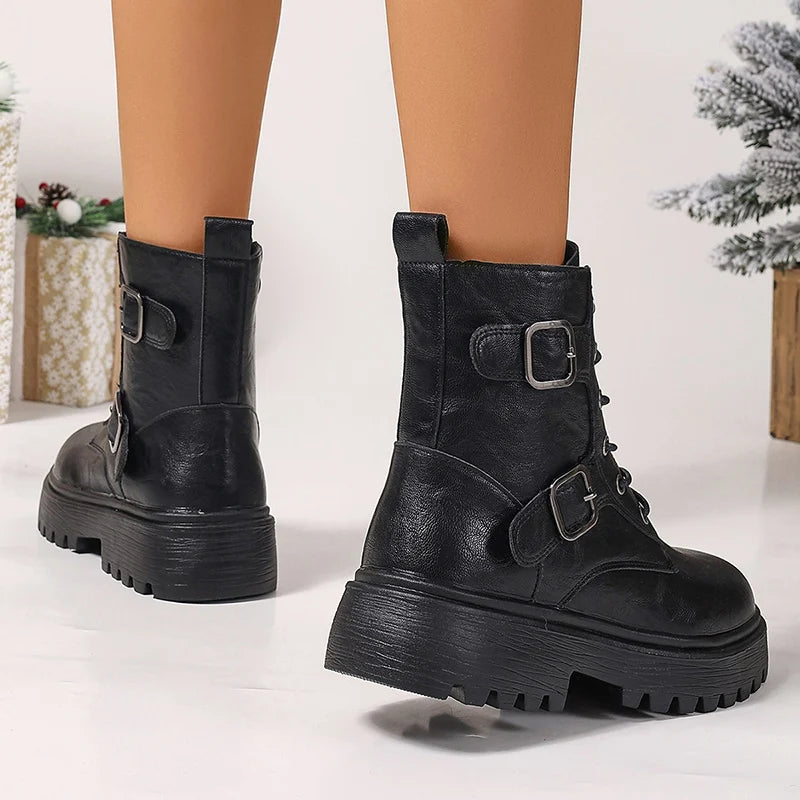 Fashion Buckle Black Motorcycle Boots Women Pu Leather Platform Ankle Boots Woman Plus Size 35-42 Thick Sole Lace Up Shoes Mujer