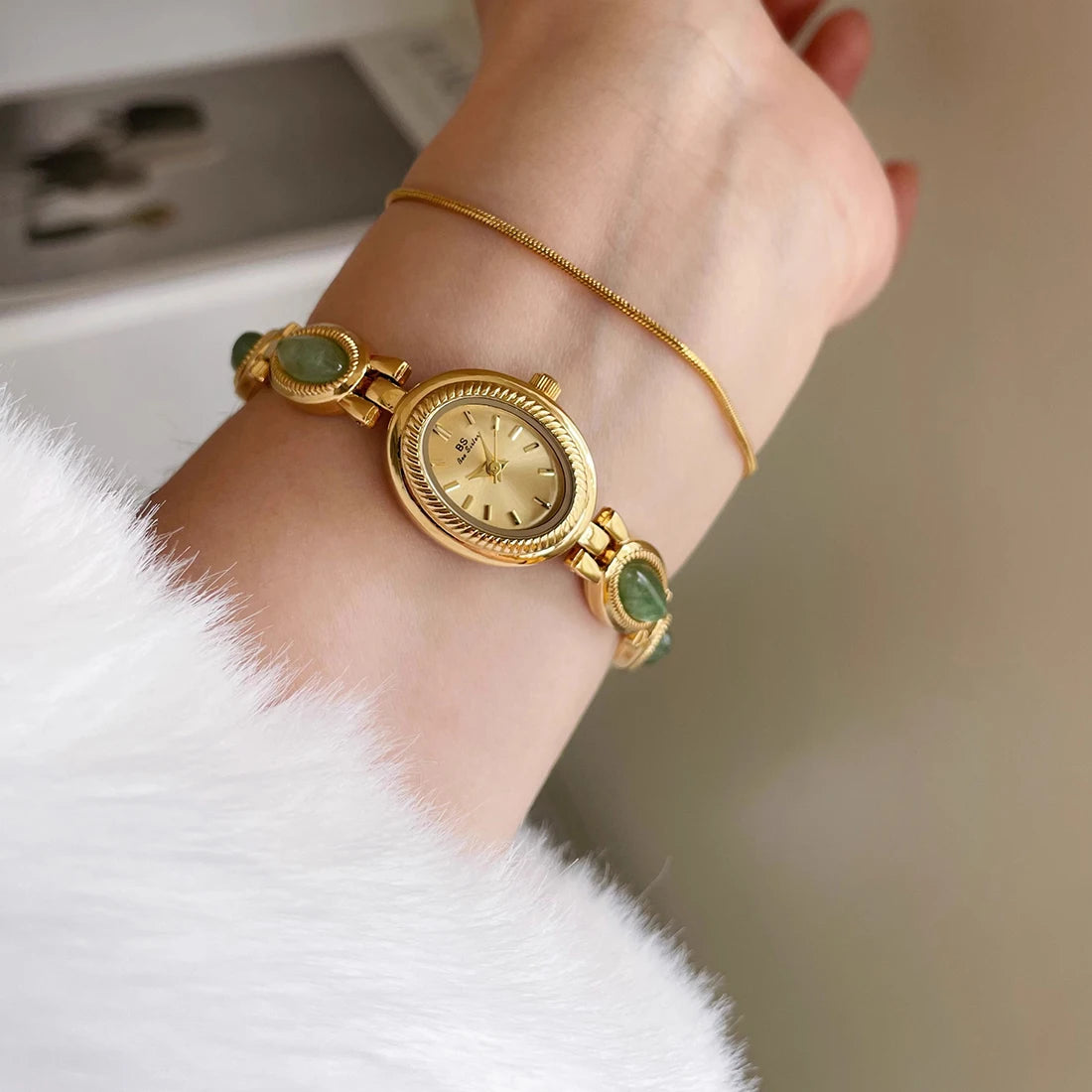 Natural Jade Bracelet Watch Gift Women,Ladies Watches Luxury High Quality Gold Quartz Watches, Elegant Women's Wristwatches