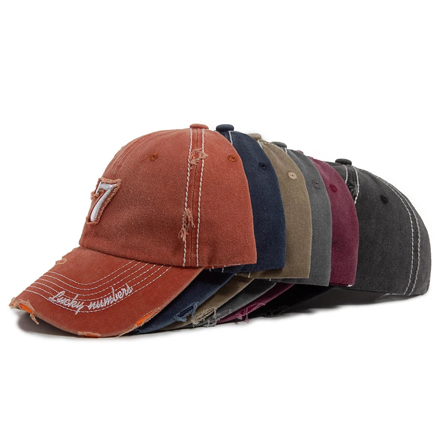 Men‘s Baseball Cap White Line 7 Embroidered Patch Women Hat Summer Vintage Break Hole Visor Casual Caps Fashion Hats For Unisex