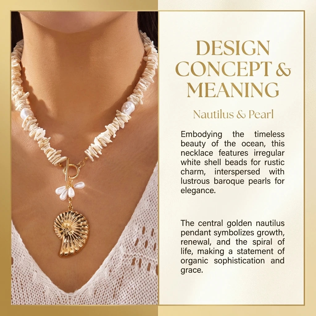 Vintage Long Chain Faux Pearl Necklace Crushed Shell Conch Pendant Choker Summer Beach Vacation Sweater Jewelry For Women