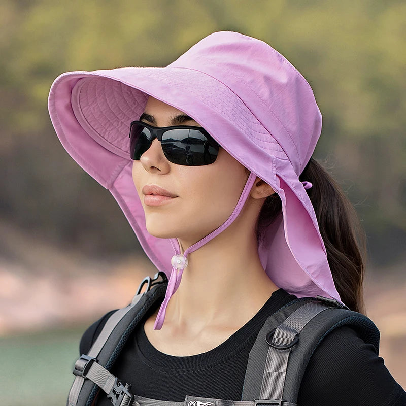 Xinbaoguan 100% polyester summer outdoor sunshade hat, horsetail hole folding face shading, women's fisherman hat