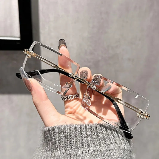 Chic Rectangle Rimless Clear Lens Glasses for Women Minimalist Fashion Eyewear Metal Frame Square Shape
