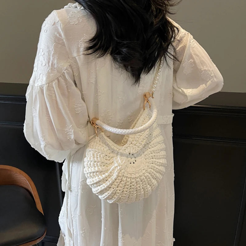 White Conch Shell Knit Crossbody Shoulder Bag Pearl Chain Woven Women Classy Bag