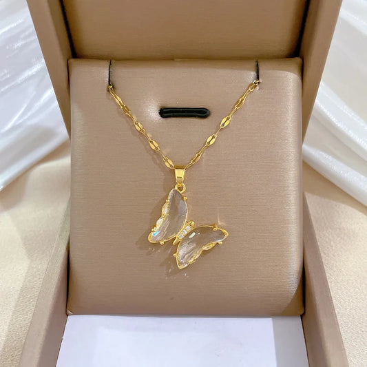 Stainless Steel Butterfly Zircon Pendant Necklace For Women Girls Fashion Persoanlity Clavicle Chain Choker Jewelry Gift Bijoux