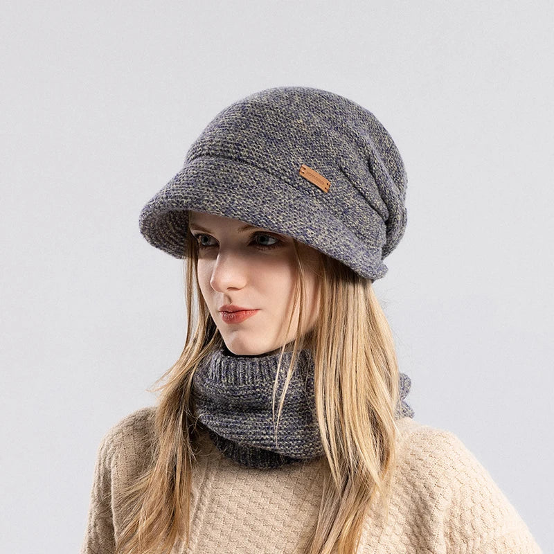 Xinbaoguan 100% Acrylic 8416 Winter Warm and Fleece Cold Protection Set for Women with brimmed Ear Protection Knitted Wool Hat