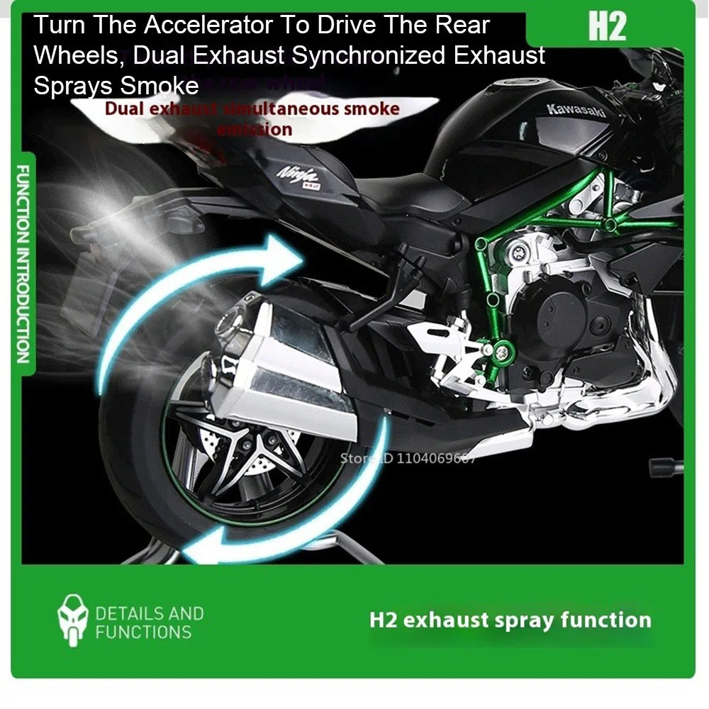 Large 1:9 Kawasaki H2R Alloy Motorcycle Diecast Car Model Toy Front Wheel Steering Shock Absorption Motorbick Adult Gift for Boy