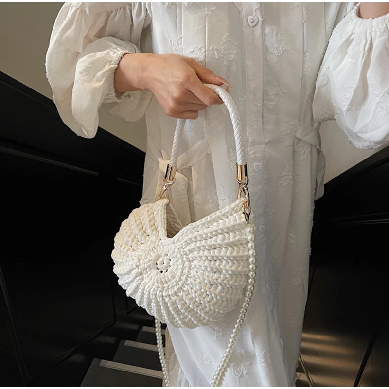 White Conch Shell Knit Crossbody Shoulder Bag Pearl Chain Woven Women Classy Bag