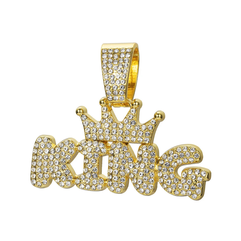 Hip Hop Crown with KING Letter Pendant Necklace For Men Crystal Cuban Chain Iced Out Bling Hiphop Necklaces Rock Biker Jewelry