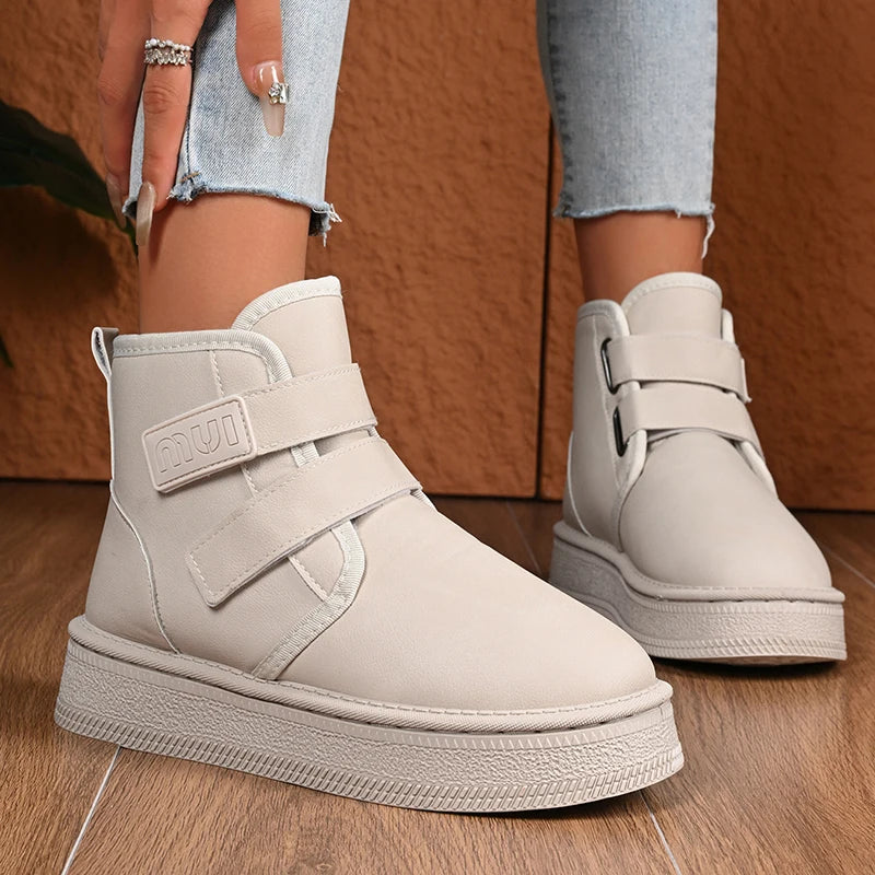 Hook Loop Pu Leather Platform Snow Boots Women Thick Bottom Warm Plush Ankle Boots Woman Comfot Anti Slip Winter Booties Mujer