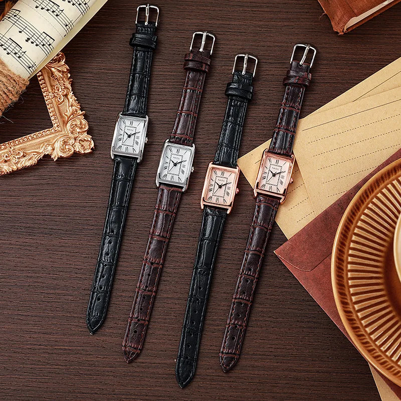 Silver Rectangular Rectangular Women Small Watch Roman Numerals Premium PU Strap Black Women's Exquisite Wristwatch Relogio