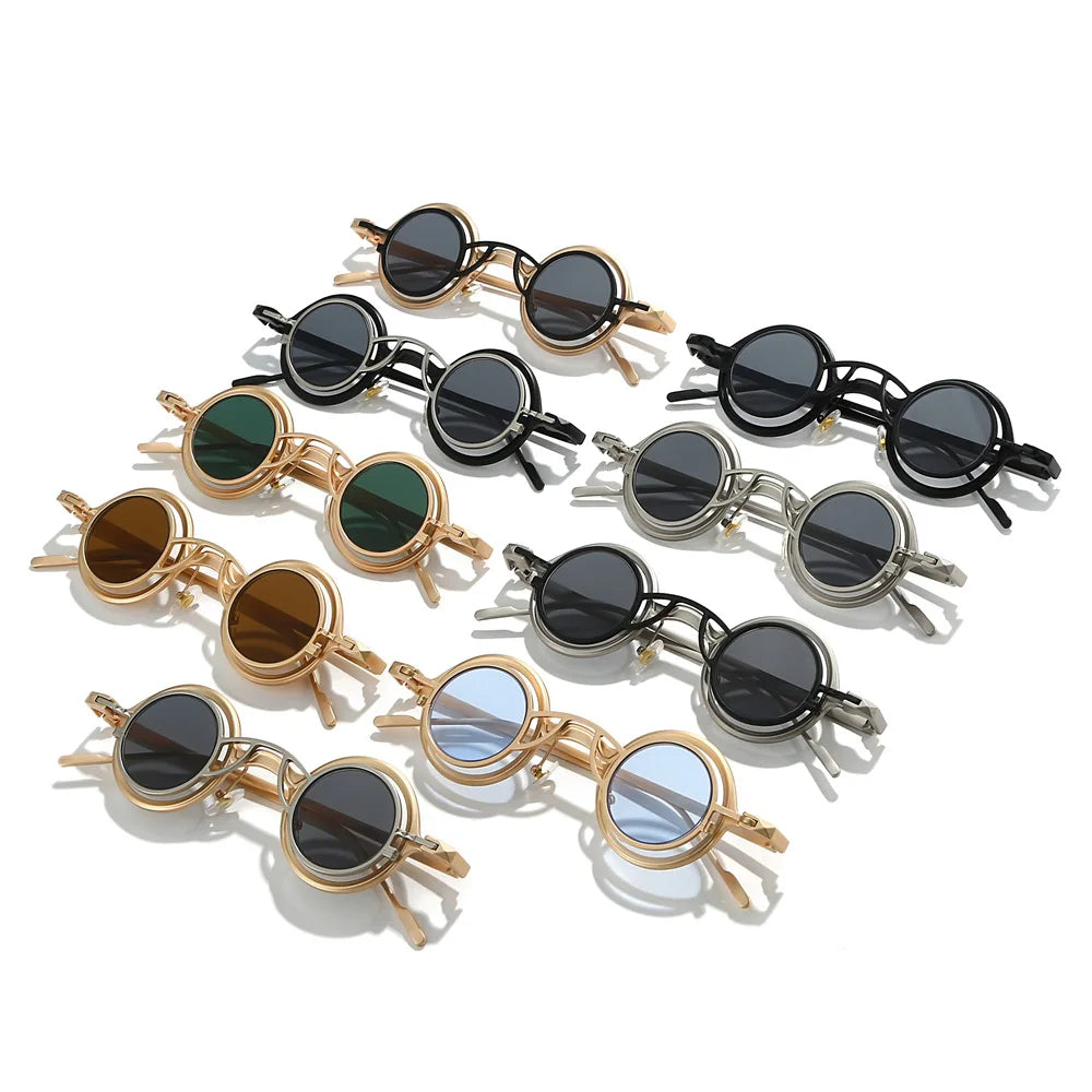 JNPCXI New 2 in 1 Punk Round Men Sunglasses Retro Rivets Women Gold Black Shades UV400 Sun Glasses