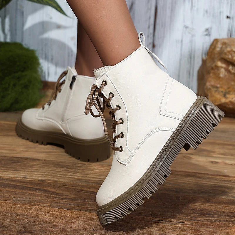 2025 Lace Up Platform Ankle Boots for Women Autumn Winter Warm Plush Short Booties Mujer Plus Size Thick Sole Motorcycle Boots