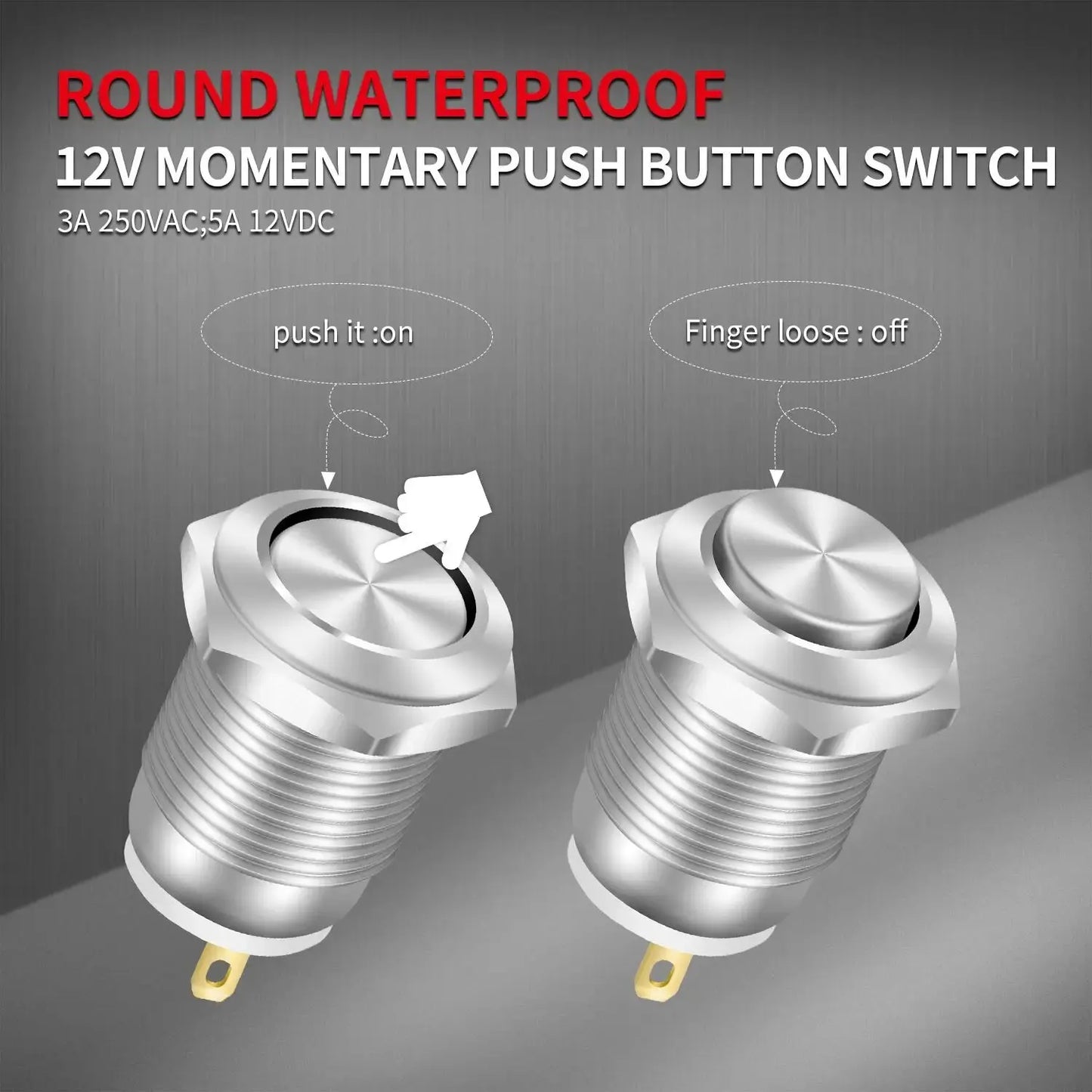 6/12pcs 12mm Momentary Push Button Switch 12V Waterproof Power Pushbutton Small Round Chrome Stainless Metal 2pin N/O