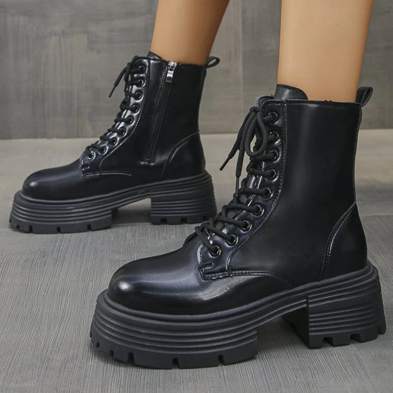 Autumn Winter Black Platform Boots Women Fashion Lace Up Zipper Ankle Boots Woman Punk Thick Heel Pu Leather Botas Mujer