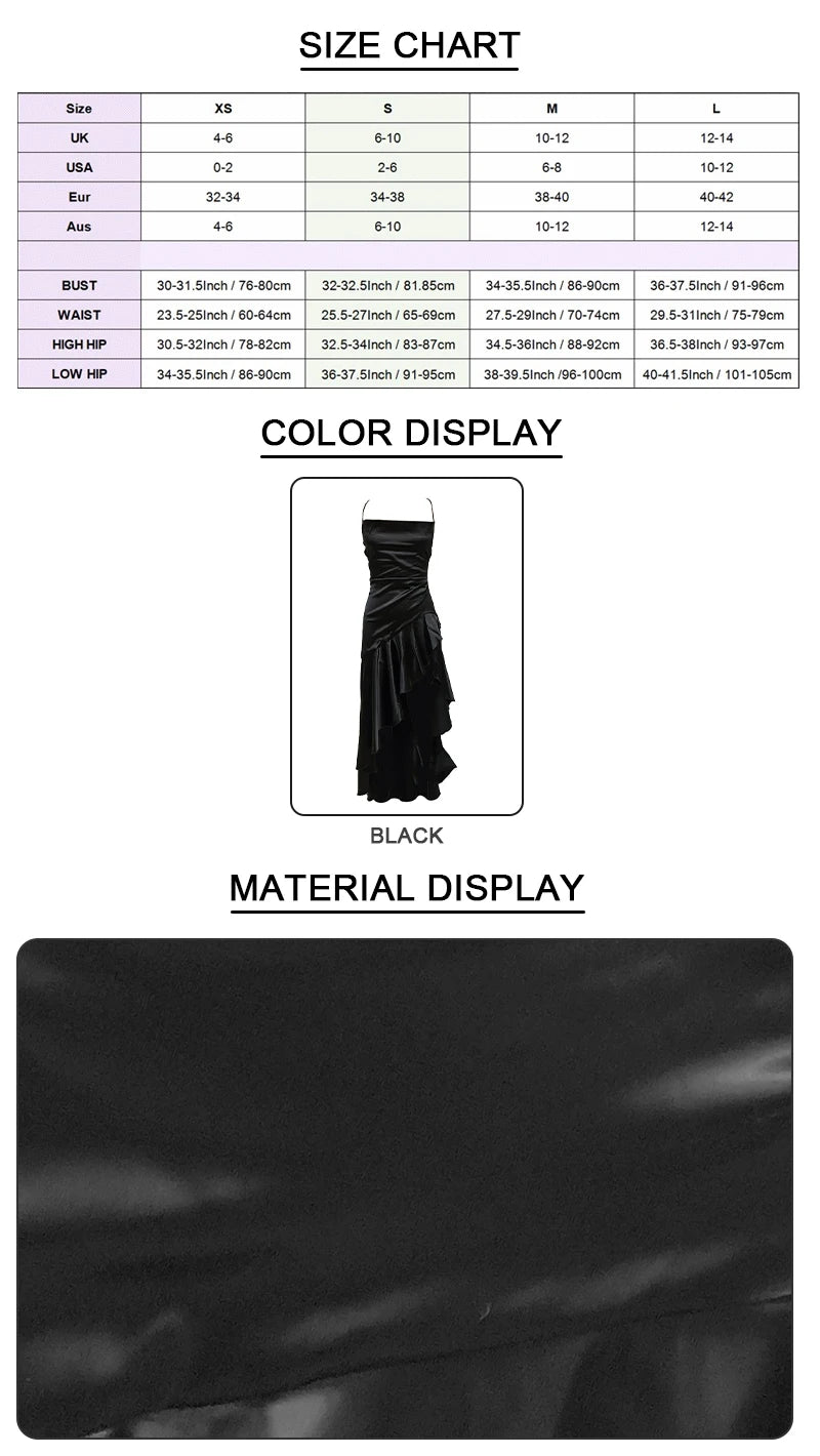 Women Elegant Black Satin Maxi Dress, Crisscross Spaghetti Straps, High Dress