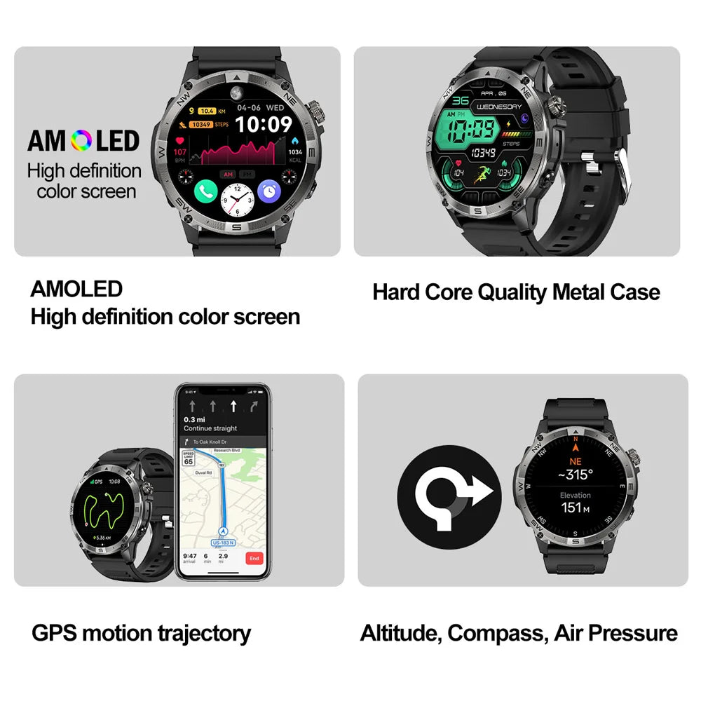 NORTH EDGE GPS Smartwatch 1.43'' AMOLED Men’s Watch Bluetooth Call Compass IP68