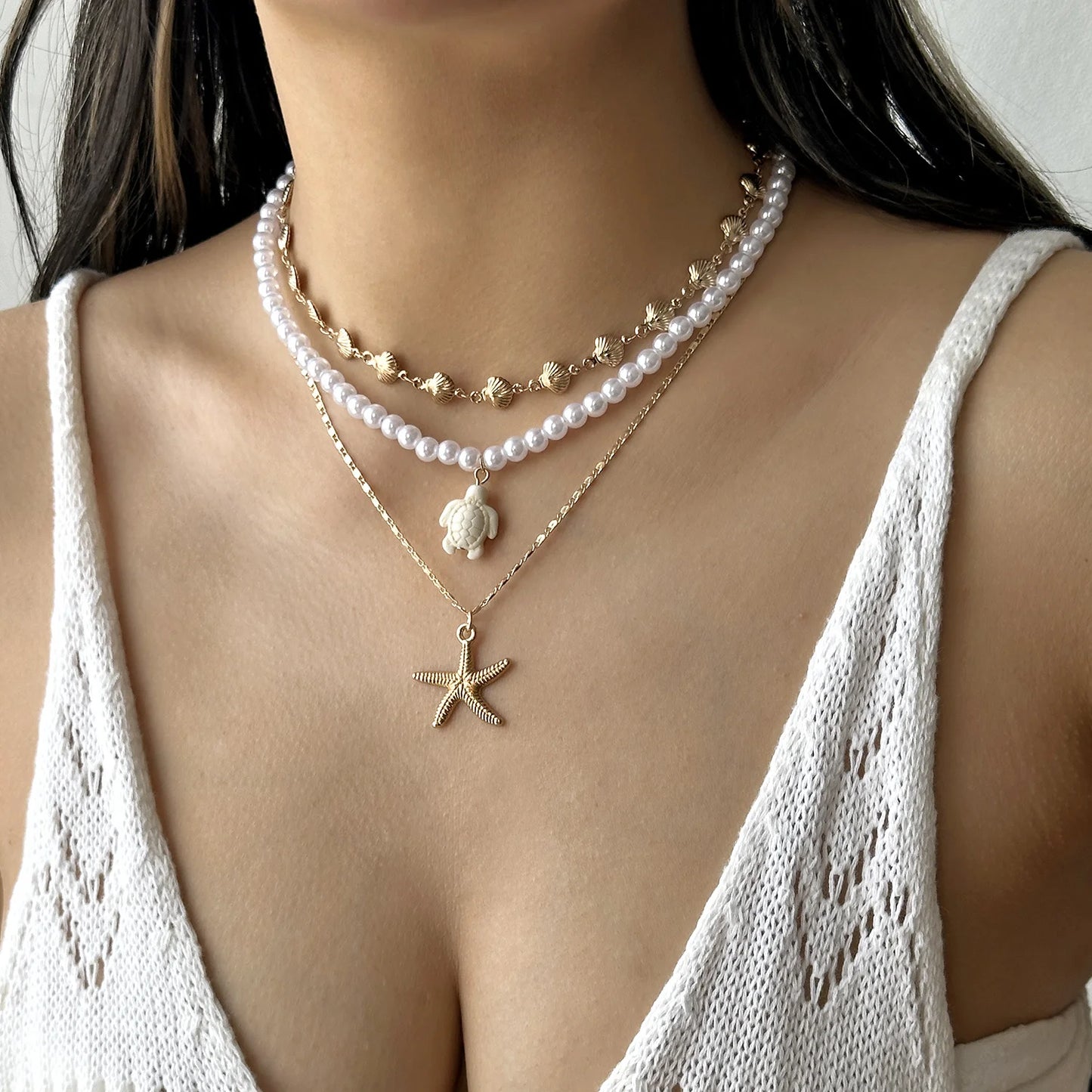 3Pcs/Set Pearl Starfish Sea Turtle Shell Necklace Bohemian Summer Beach Multi-layer Jewelry
