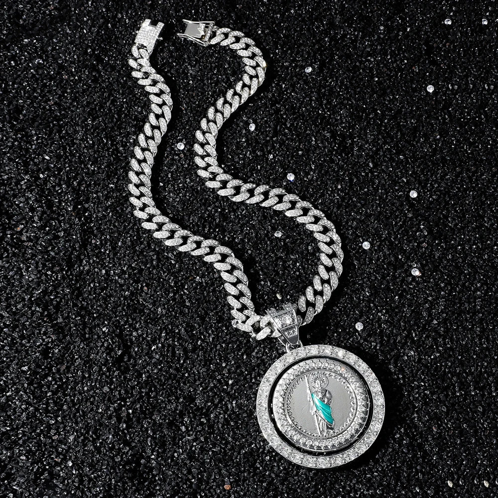 Men's Hip Hop Rotatable St. Jude San Judas Pendant Necklace with Cuban Chain Religious rotation Saint Jude Idol Pendants Jewelry