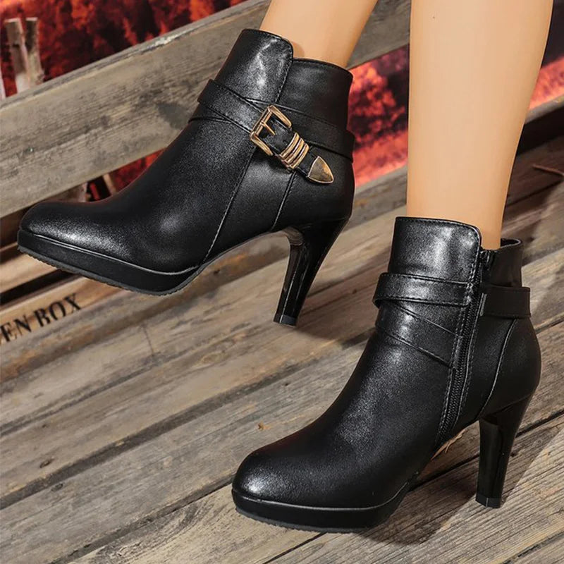 Fashion Pointed Toe Ankle Boots Women Autumn Winter Black Super High Heel Boots for Woman Buckle Detor Zipper Up Booties Ladies