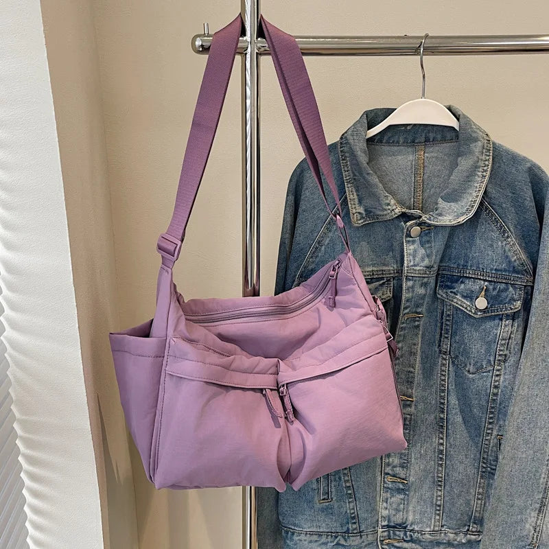 Purple Casual Work Style Waterproof Nylon Crossbody Shoulder Bag Large Capacity