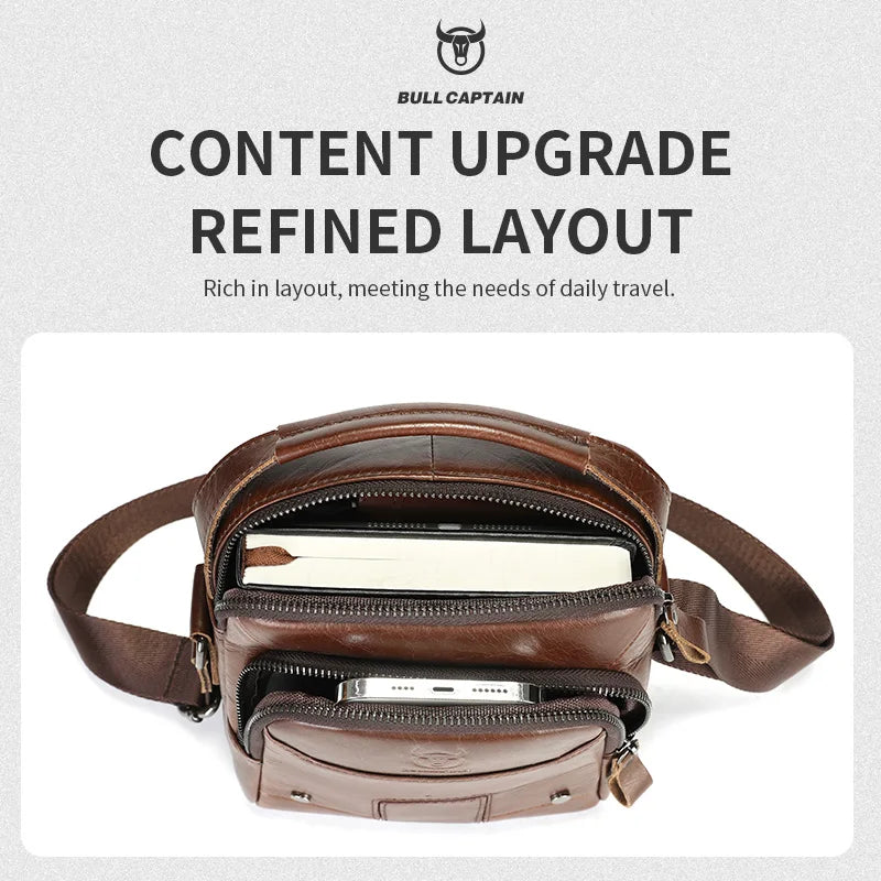BULLCAPTIAN Men's Genuine Leather Shoulder Bag Multi functional Handheld Postman Bag Double layer 7.9-inch Computer Shoulder Bag