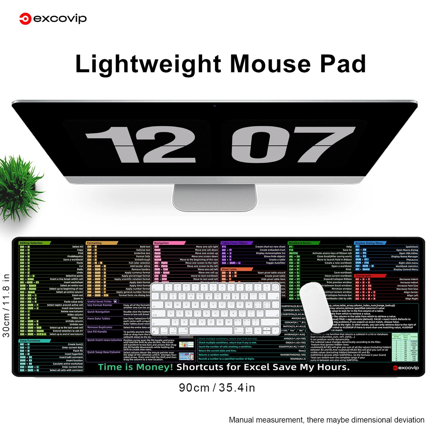 EXCO Excel Shortcuts Mouse Pad Large Extended Desk Mat Keyboard Mousepad with Stitched Edge Non-Slip Rubber Base for Gaming Home
