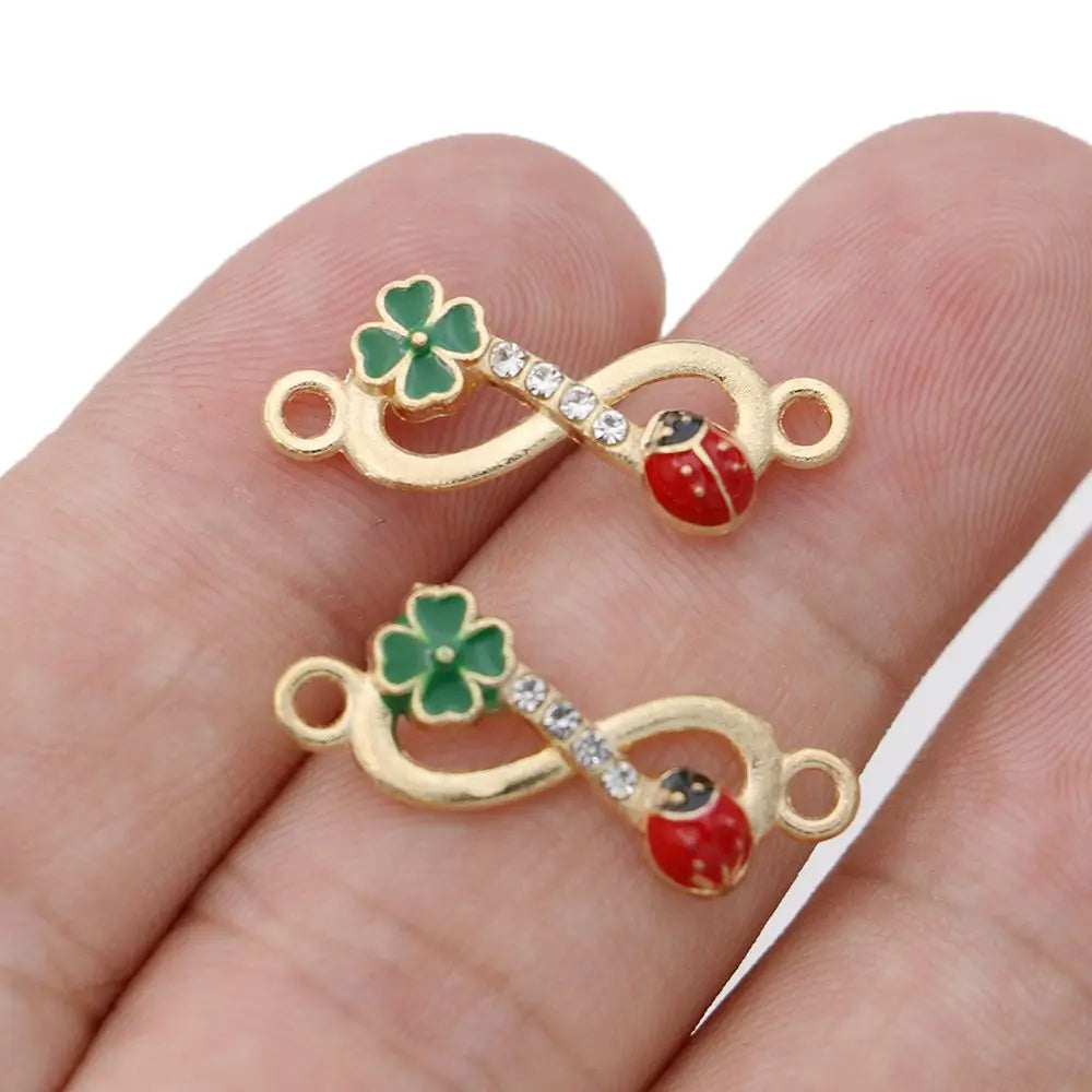 10Pcs Gold Color Crystal Enamel Infinity Beetle Clover Charm Connectors for Jewelry Making Bracelet Accessories DIY Craft