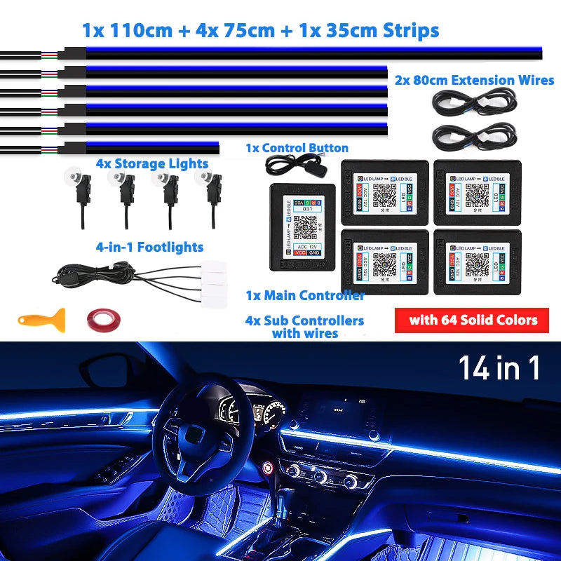 6/18/22 in 1 Led Acrylic Car Ambient Light RGB 64 213 Color Symphony Acrylic APP Streamer Rainbow Atmosphere Lamp Kit Dual Zone