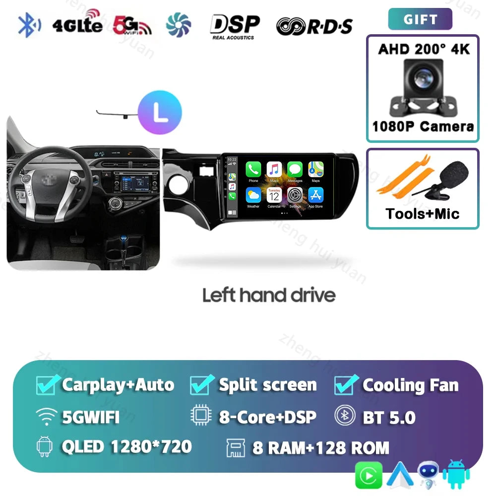 Android 15 CarPlay Auto For Toyota Aqua LHD RHD 2011 - 2017 Car Radio Multimedia navigation video DVD Autoradio Stereo 2din 4G
