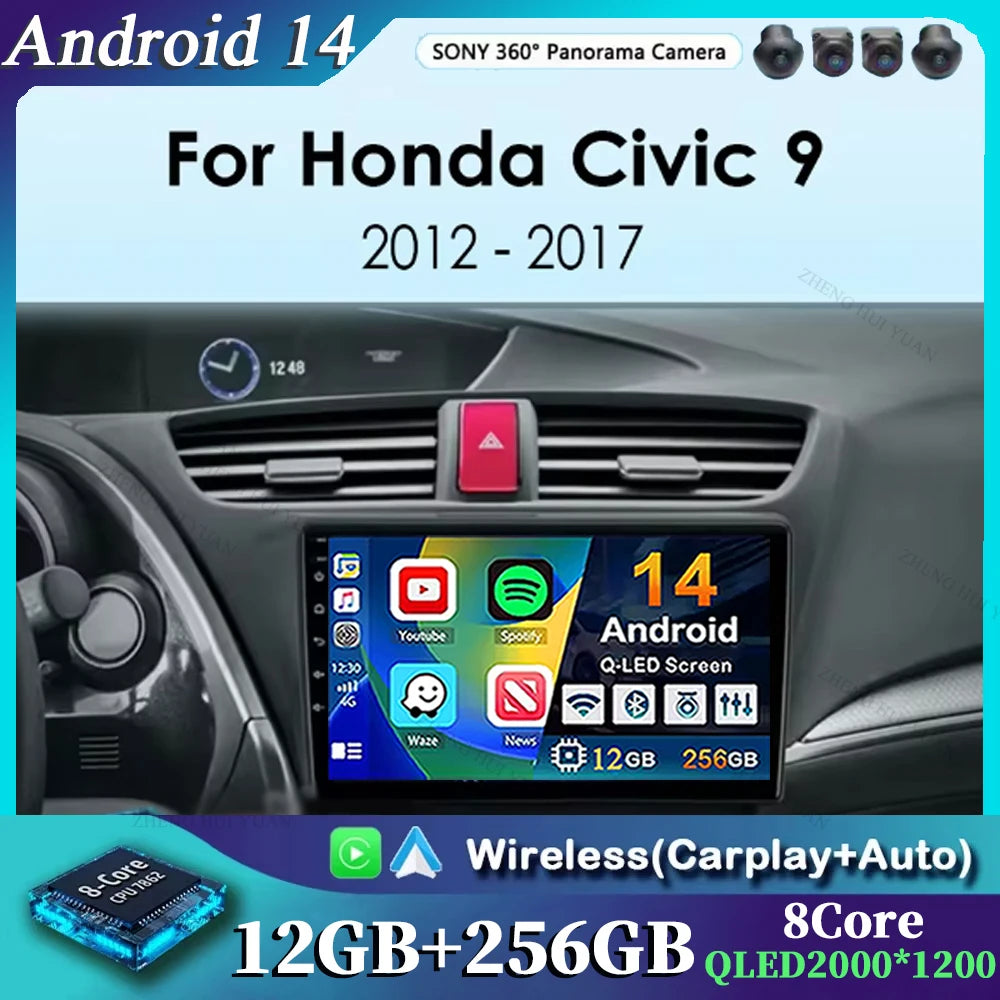 Carplay Android 14 Car Radio for Honda CIVIC 9 2011-2017 Qualcomm mulitmedia Video player Autoradio GSP Navigation Stereo screen