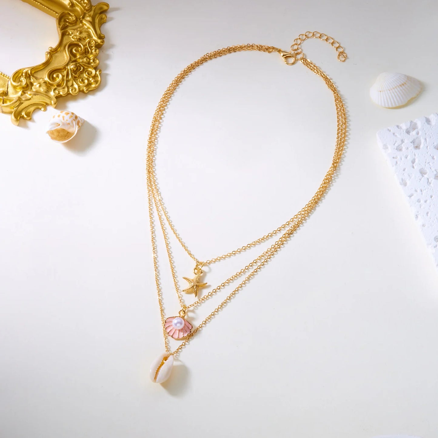 Boho Summer Starfish Shell Pearl Pendant Necklace for Women Trendy Gold Color Layered Chain Necklaces Beach Party Jewelry Gift
