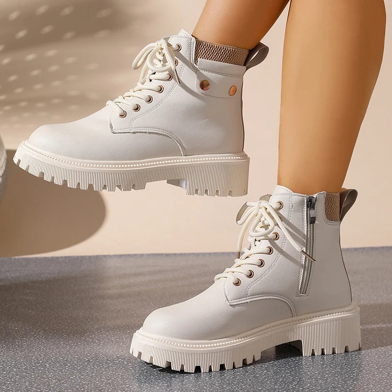 Winter Warm Thicken Plush Ankle Boots Women Fashion Lace Up Platform Combat Boots Woman Comfort Zipper Pu Leather Short Booties