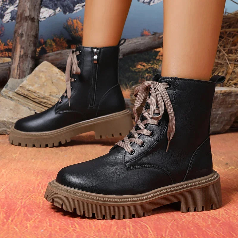 Autumn Winter Short Plush Ankle Boots Women Fashion Lace Up Pu Leather Platform Boots Woman Thick Sole Motorcycle Botas Mujer 42