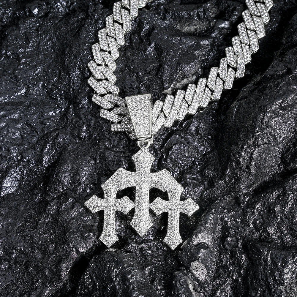 2026 New Men's Iced out Stacked Crosses Pendant Necklace Hip Hop Jewelry with exaggeration 13mm Cuban Chain Rhinestone Gift