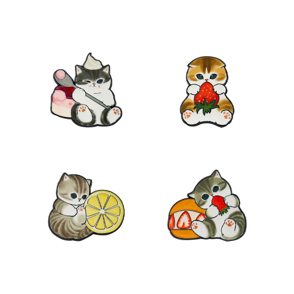 4 pcs Cat Fruit Enamel Pins  Lemon  Brooch Badge Cartoon Animal Jewelry Gift for Children Friends