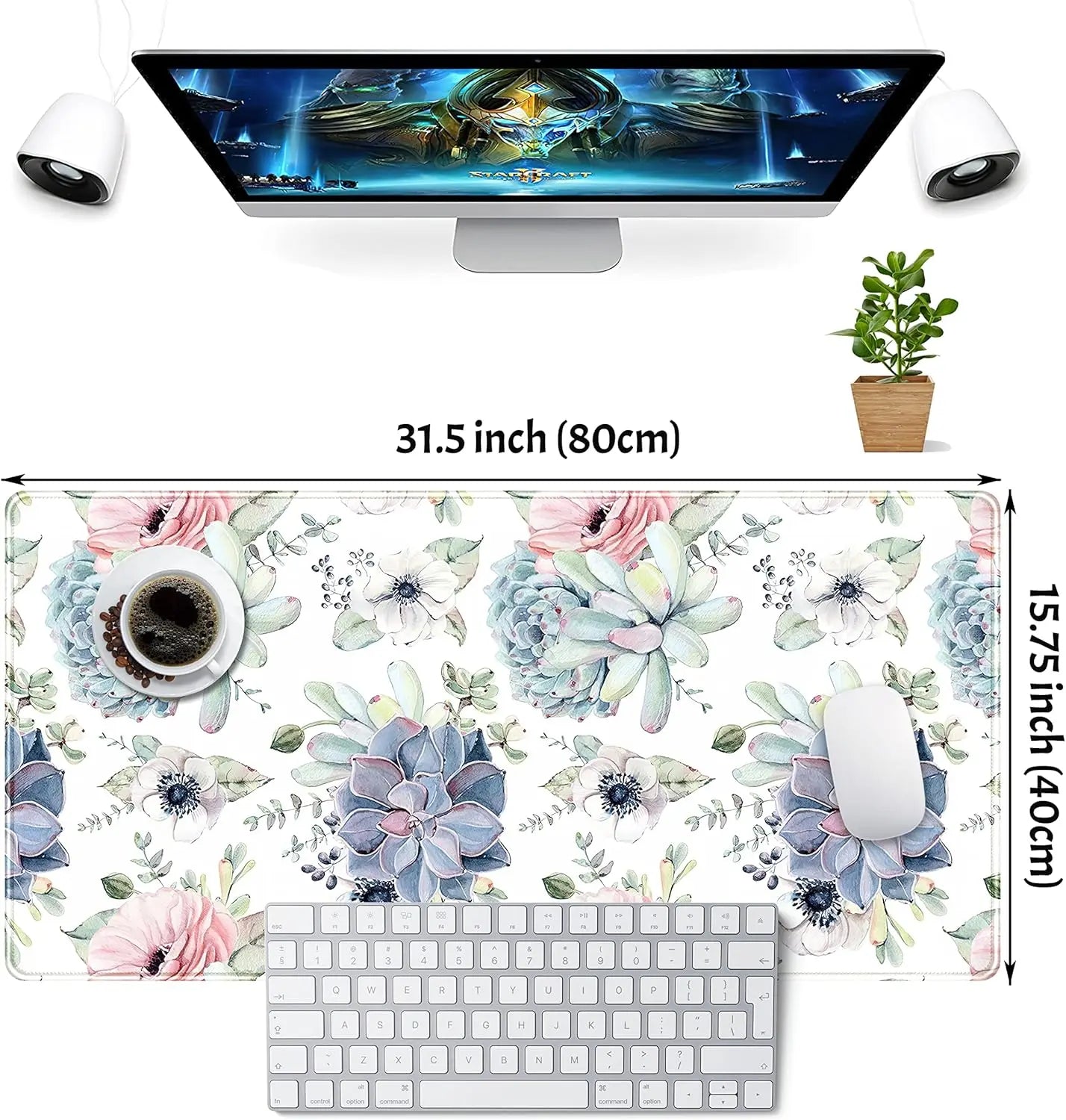 Watercolor Succulents Desk Mat,Gaming Mouse Pad Rubber Base Mousepad with Stitched Edges,Keyboard Mouse Mat for Game/Office/Home